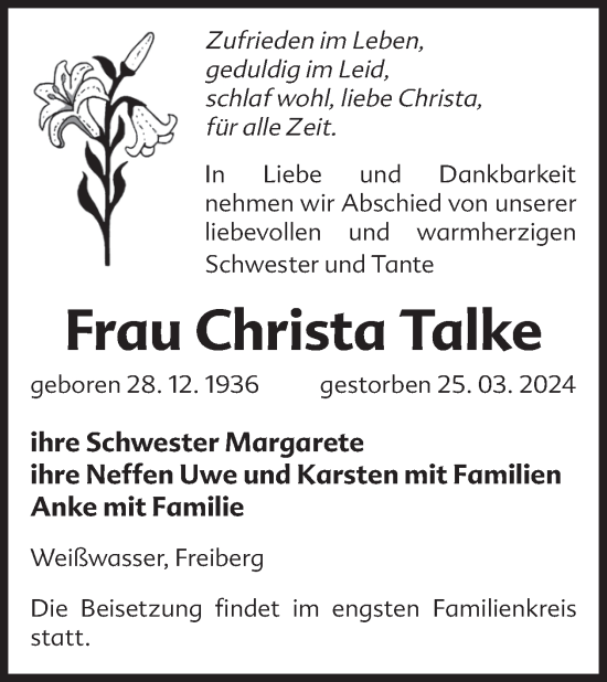 Traueranzeige von Christa Talke von WochenKurier