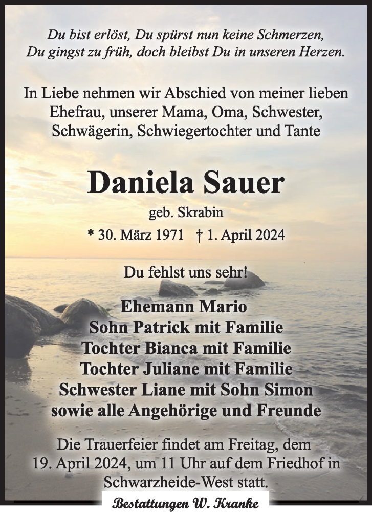  Traueranzeige für Daniela Sauer vom 17.04.2024 aus WochenKurier