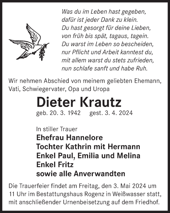 Traueranzeige von Dieter Krautz von WochenKurier