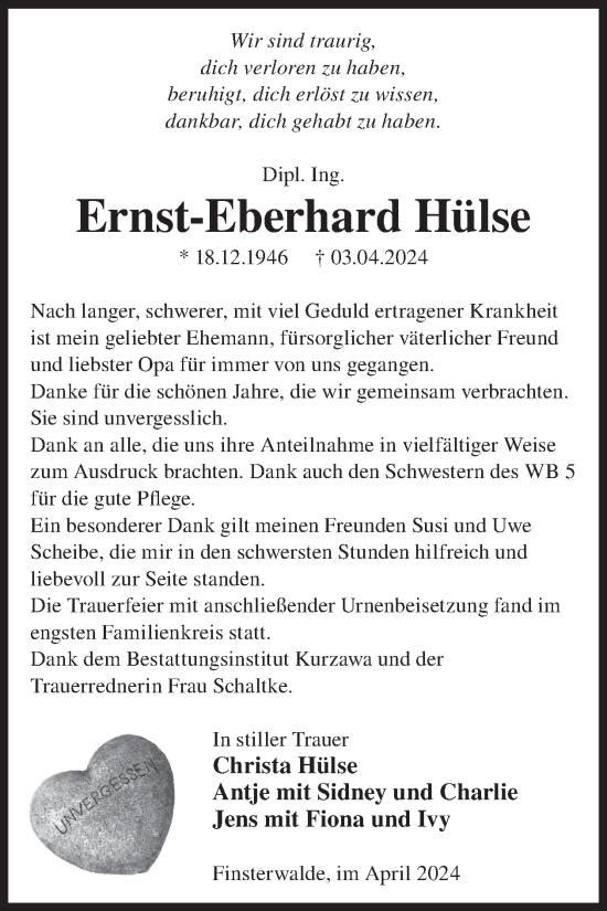 Traueranzeige von Ernst-Eberhard Hülse von WochenKurier