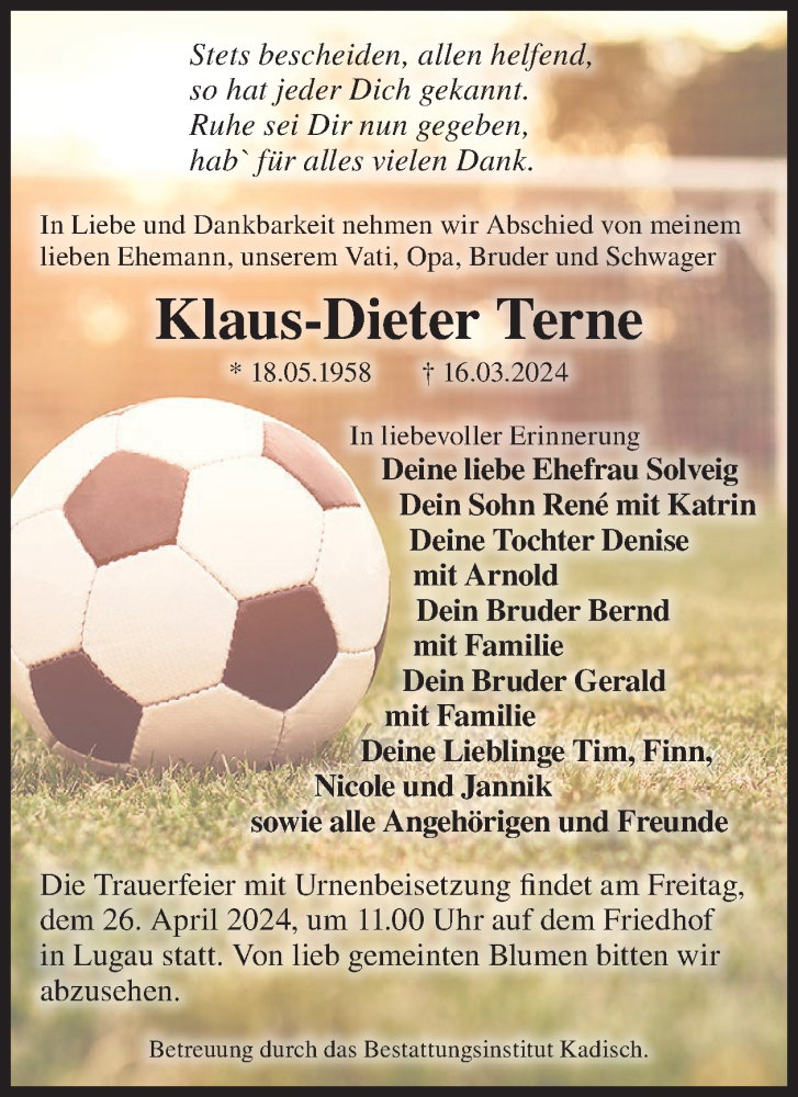  Traueranzeige für Klaus-Dieter Terne vom 10.04.2024 aus WochenKurier