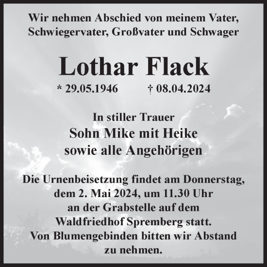 Traueranzeige von Lothar Flack von WochenKurier