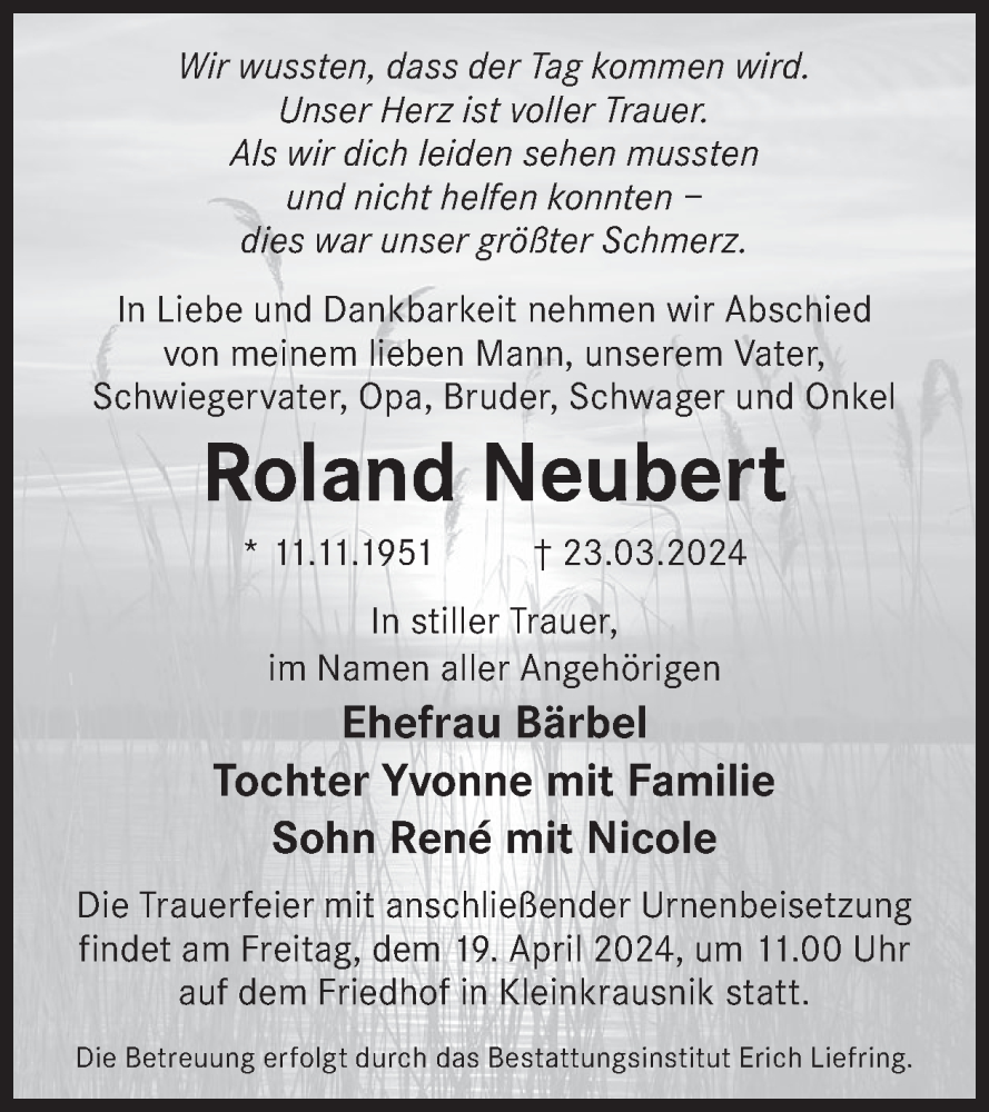  Traueranzeige für Roland Neubert vom 03.04.2024 aus WochenKurier