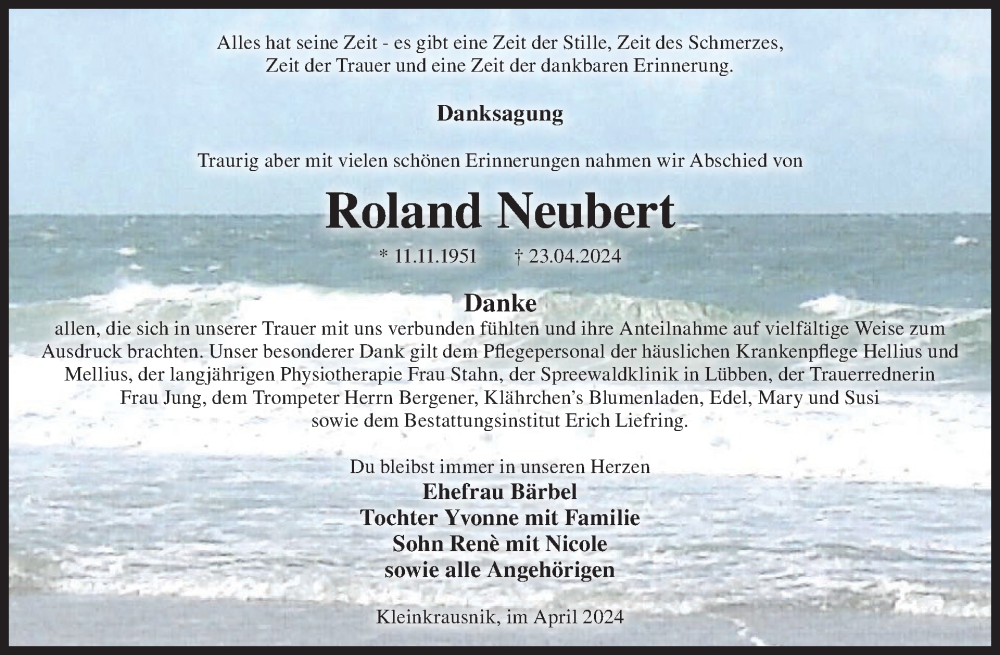  Traueranzeige für Roland Neubert vom 01.05.2024 aus WochenKurier