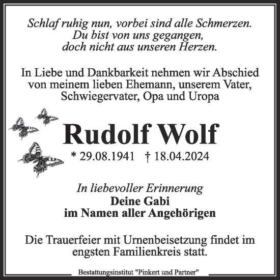Traueranzeige von Rudolf Wolf von WochenKurier