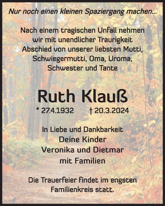 Traueranzeige von Ruth Klauß von WochenKurier