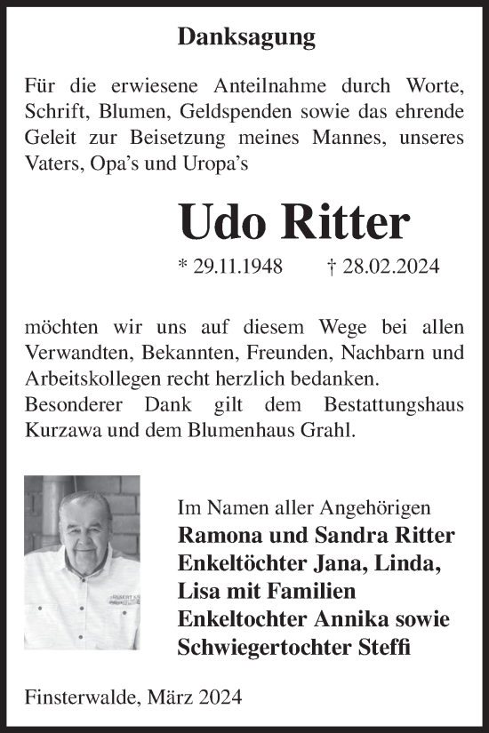 Traueranzeige von Udo Ritter von WochenKurier