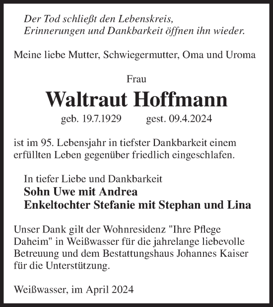 Traueranzeige von Waltraut Hoffmann von WochenKurier