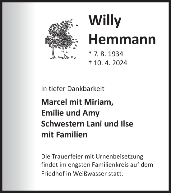 Traueranzeige von Willy Hemmann von WochenKurier