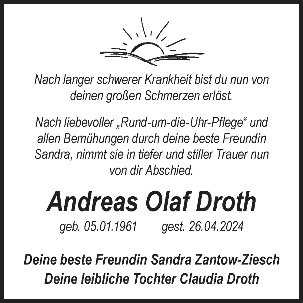  Traueranzeige für Andreas Olaf Droth vom 08.05.2024 aus WochenKurier