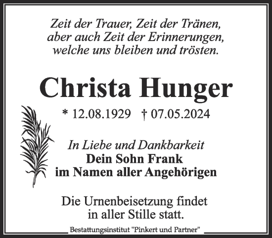Traueranzeige von Christa Hunger von WochenKurier
