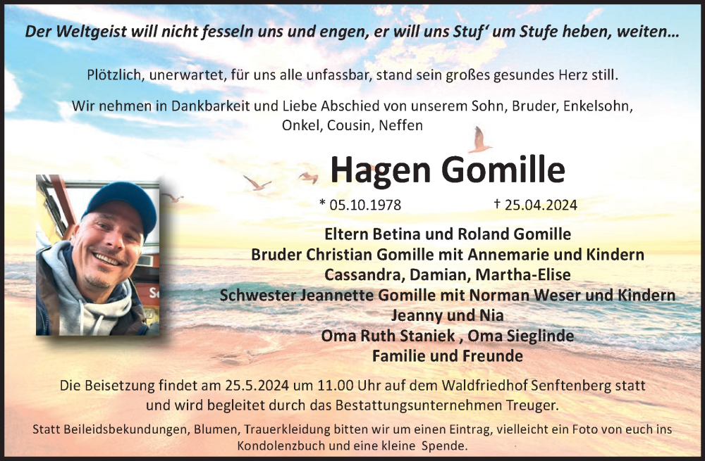  Traueranzeige für Hagen Gomille vom 08.05.2024 aus WochenKurier