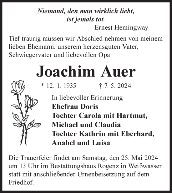 Traueranzeige von Joachim Auer von WochenKurier