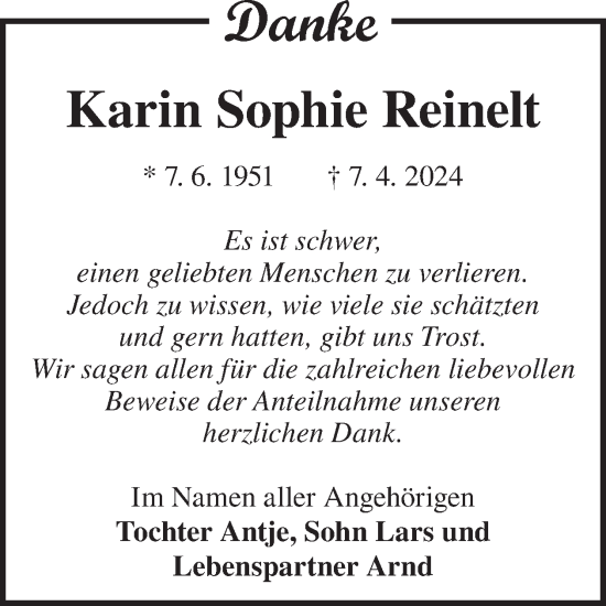 Traueranzeige von Karin Sophie Reinelt von WochenKurier