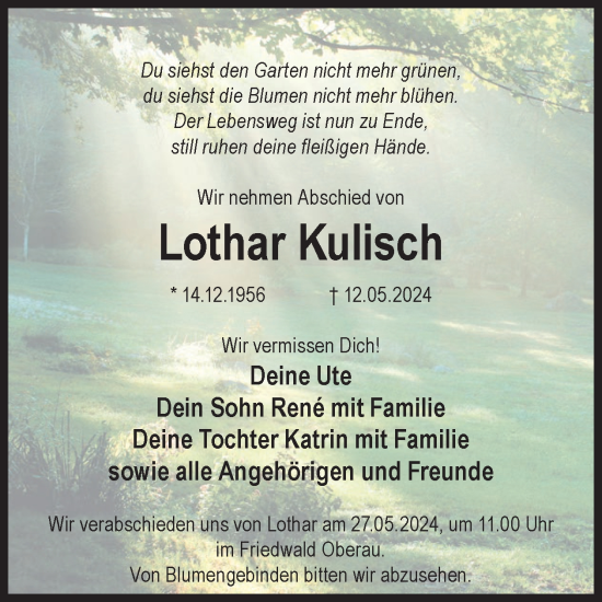 Traueranzeige von Lothar Kulisch von WochenKurier