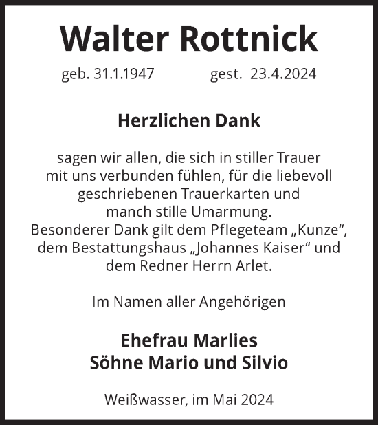 Traueranzeige von Walter Rottnick von WochenKurier