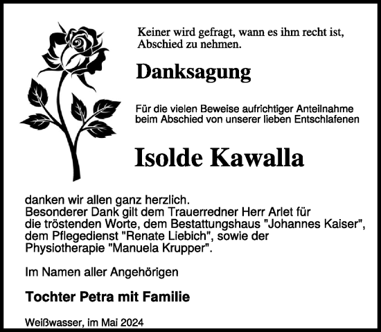 Traueranzeige von Isolde Kawalla von WochenKurier