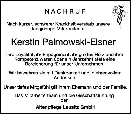 Traueranzeige von Kerstin Palmowski-Elsner von WochenKurier