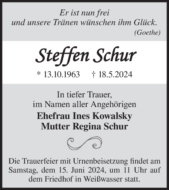 Traueranzeige von Steffen Schur von WochenKurier