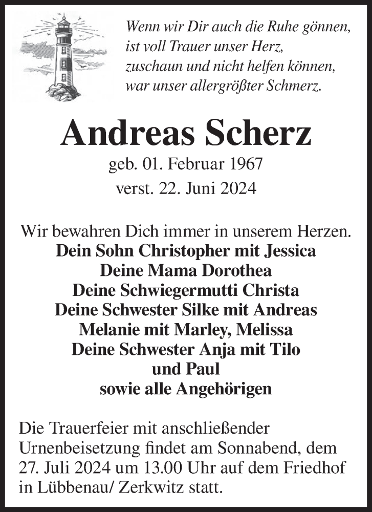  Traueranzeige für Andreas Scherz vom 17.07.2024 aus WochenKurier