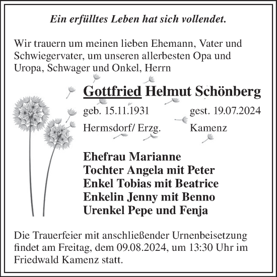 Traueranzeige von Gottfried Helmut Schönberg von WochenKurier