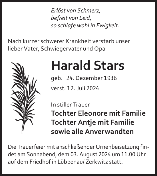 Traueranzeige von Harald Stars von WochenKurier