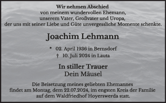 Traueranzeige von Joachim Lehmann von WochenKurier