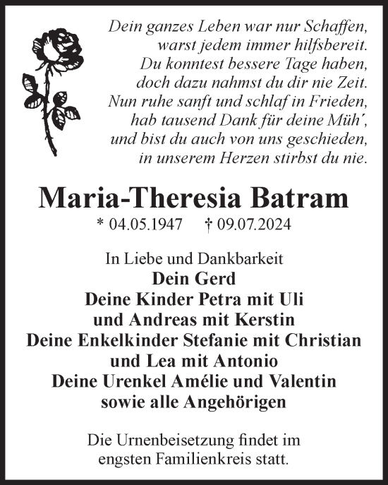 Traueranzeige von Maria-Theresia Batram von WochenKurier