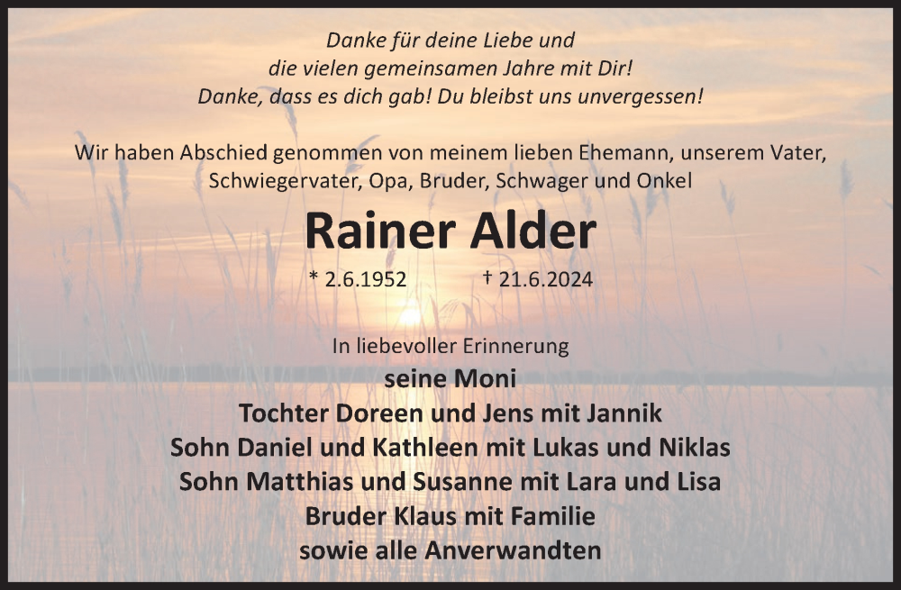  Traueranzeige für Rainer Alder vom 20.07.2024 aus WochenKurier