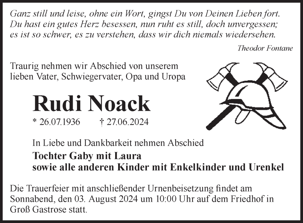  Traueranzeige für Rudi Noack vom 17.07.2024 aus WochenKurier