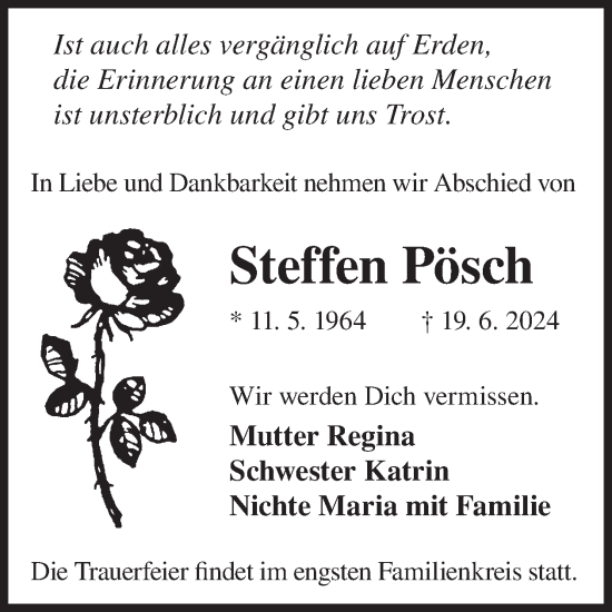 Traueranzeige von Steffen Pösch von WochenKurier