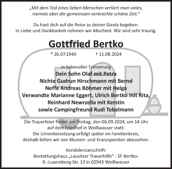 Traueranzeige von Gottfried Bertko von WochenKurier