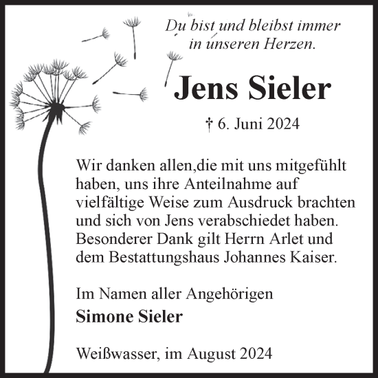 Traueranzeige von Jens Sieler von WochenKurier