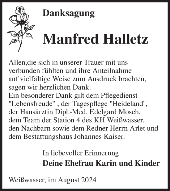 Traueranzeige von Manfred Halletz von WochenKurier