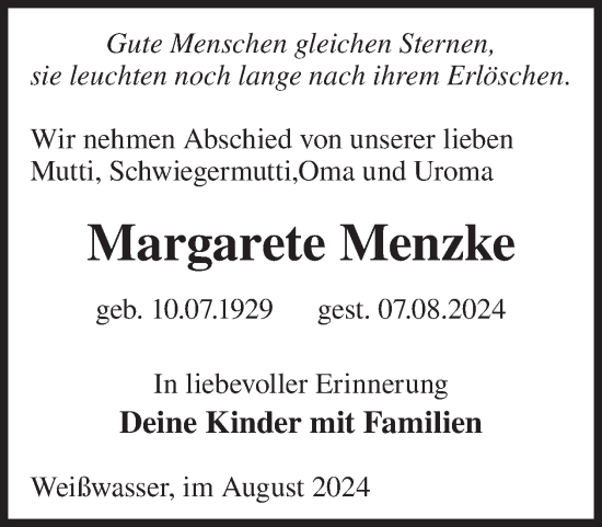 Traueranzeige von Margarete Menzke von WochenKurier