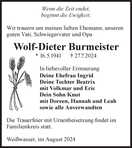 Traueranzeige von Wolf-Dieter Burmeister von WochenKurier