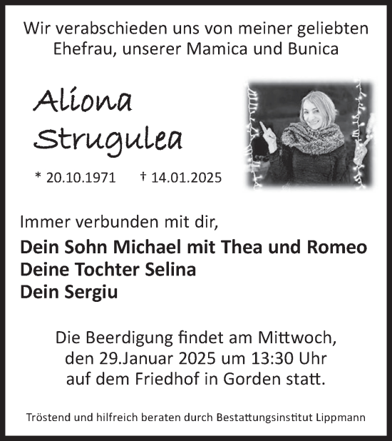 Traueranzeige von Aliona Strugulea von WochenKurier