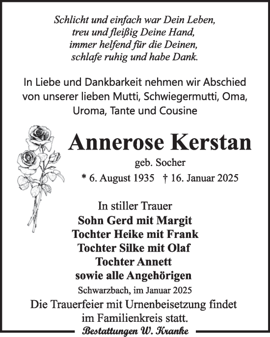 Traueranzeige von Annerose Kerstan von WochenKurier