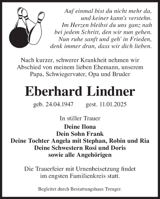 Traueranzeige von Eberhard Lindner von WochenKurier