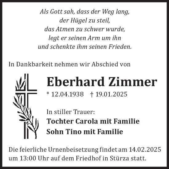 Traueranzeige von Eberhard Zimmer von WochenKurier