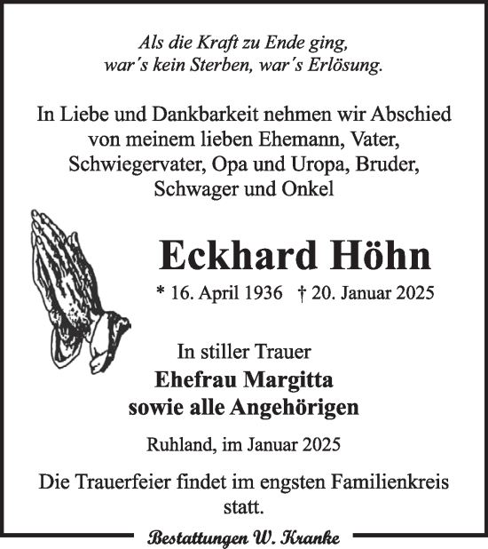 Traueranzeige von Eckhard Höhn von WochenKurier