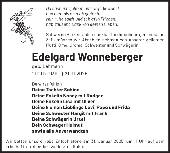 Traueranzeige von Edelgard Wonneberger von WochenKurier