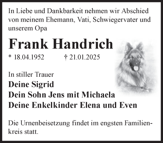 Traueranzeige von Frank Handrich von WochenKurier