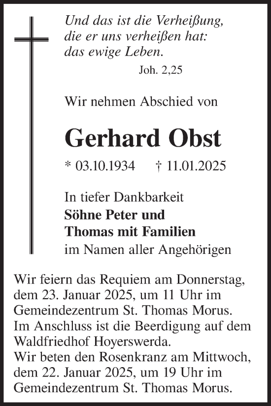 Traueranzeige von Gerhard Obst von WochenKurier