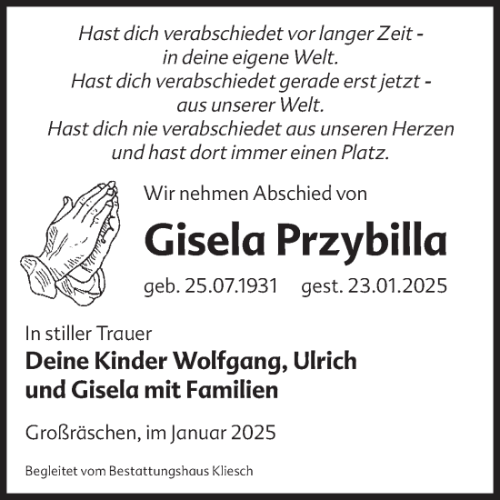 Traueranzeige von Gisela Przybilla von WochenKurier