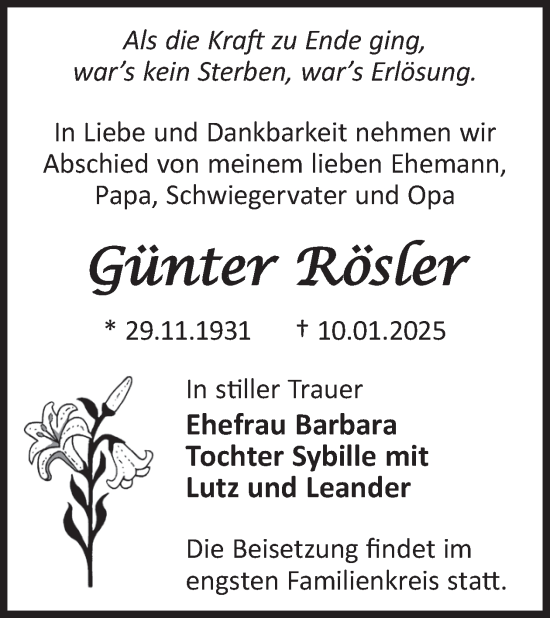 Traueranzeige von Günter Rösler von WochenKurier