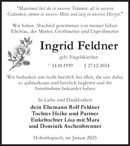 Traueranzeige von Ingrid Feldner von WochenKurier