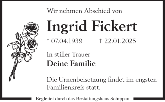 Traueranzeige von Ingrid Fickert von WochenKurier