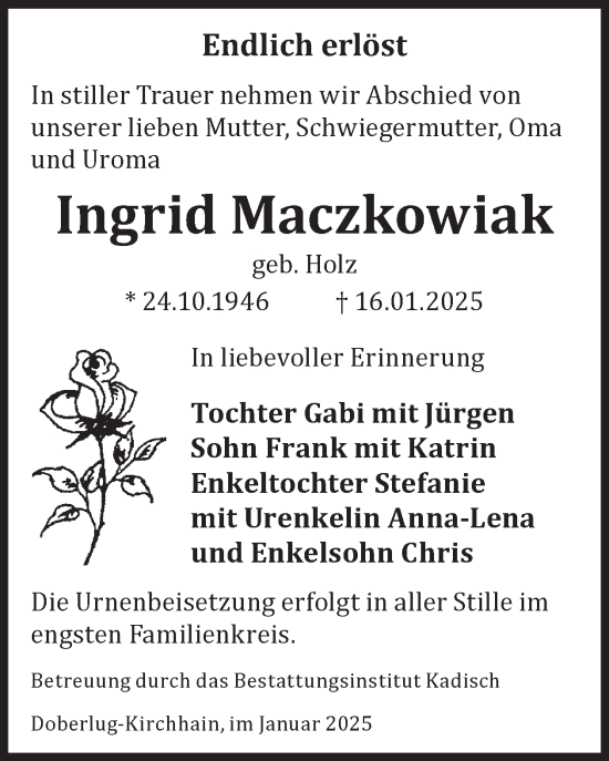 Traueranzeige von Ingrid Maczkowiak von WochenKurier