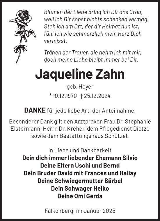 Traueranzeige von Jaqueline Zahn von WochenKurier